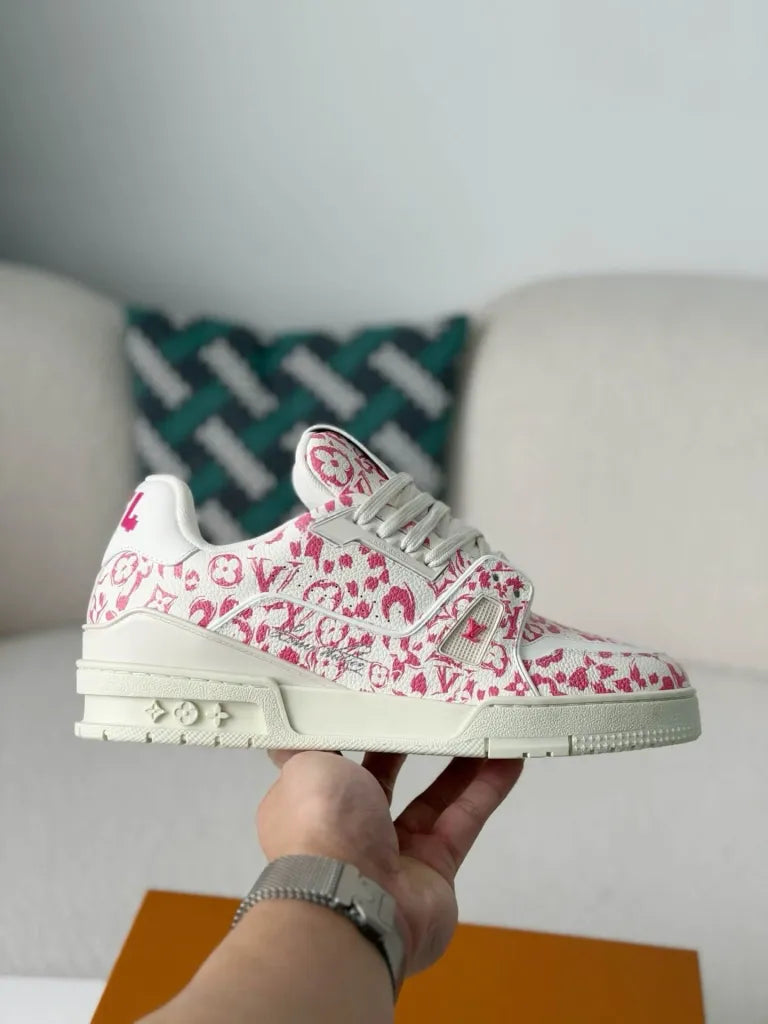 Louis Vuitton Trainer Sneaker – White & Pink Monogram Print