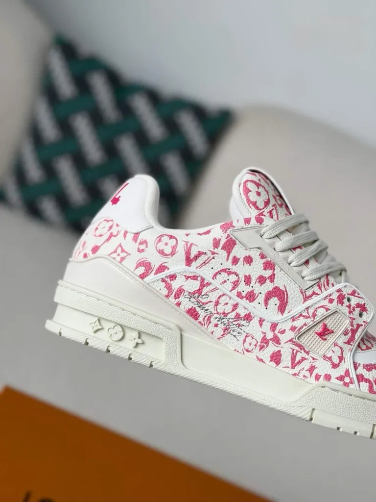 Louis Vuitton Trainer Sneaker – White & Pink Monogram Print