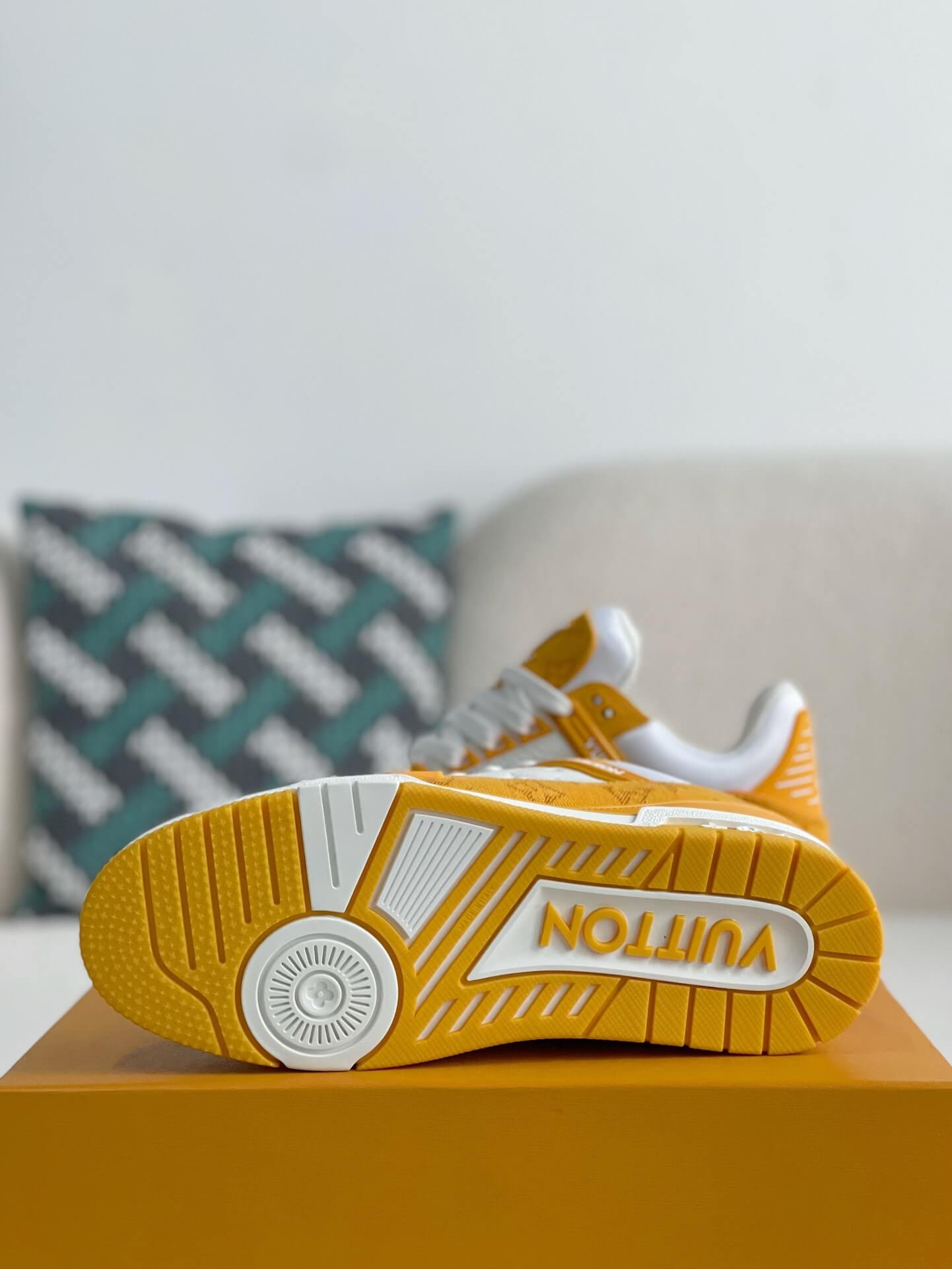 Louis Vuitton Trainer Sneaker – Yellow Monogram Denim & White Grained Leather