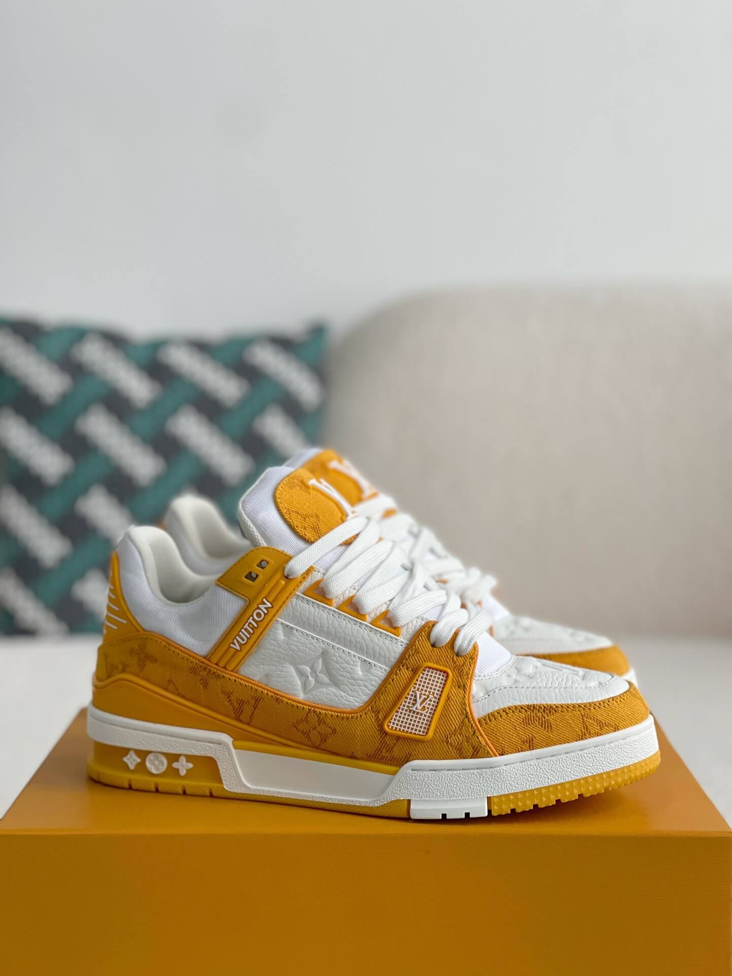 Louis Vuitton Trainer Sneaker – Yellow Monogram Denim & White Grained Leather