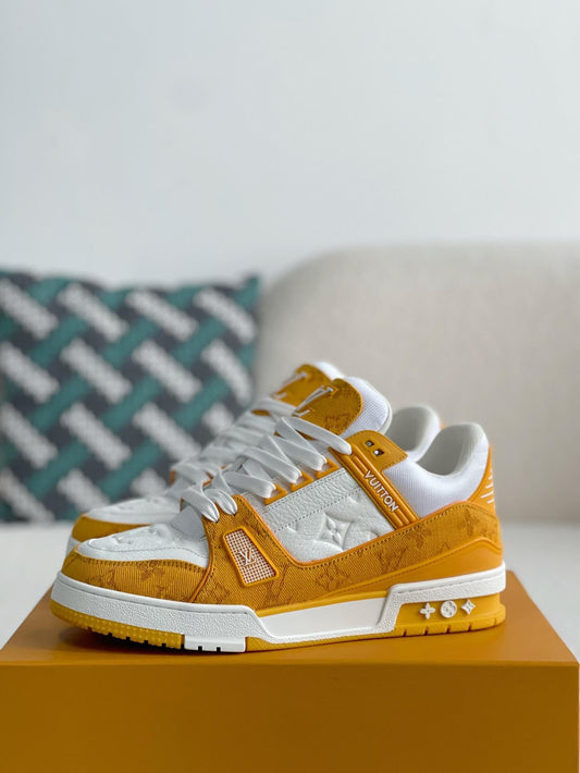 Louis Vuitton Trainer Sneaker – Yellow Monogram Denim & White Grained Leather