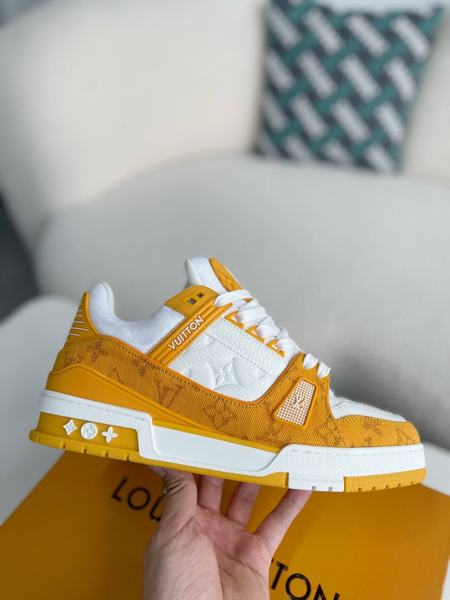 Louis Vuitton Trainer Sneaker – Yellow Monogram Denim & White Grained Leather