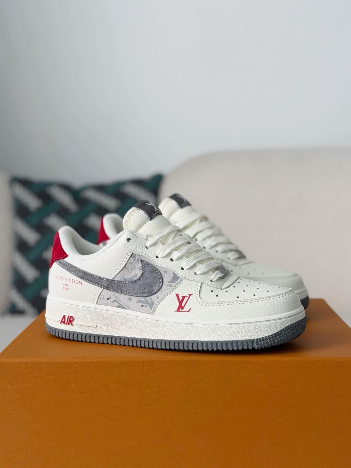 Louis Vuitton x Nike Air Force 1 Low – White, Grey Monogram & Red Accents