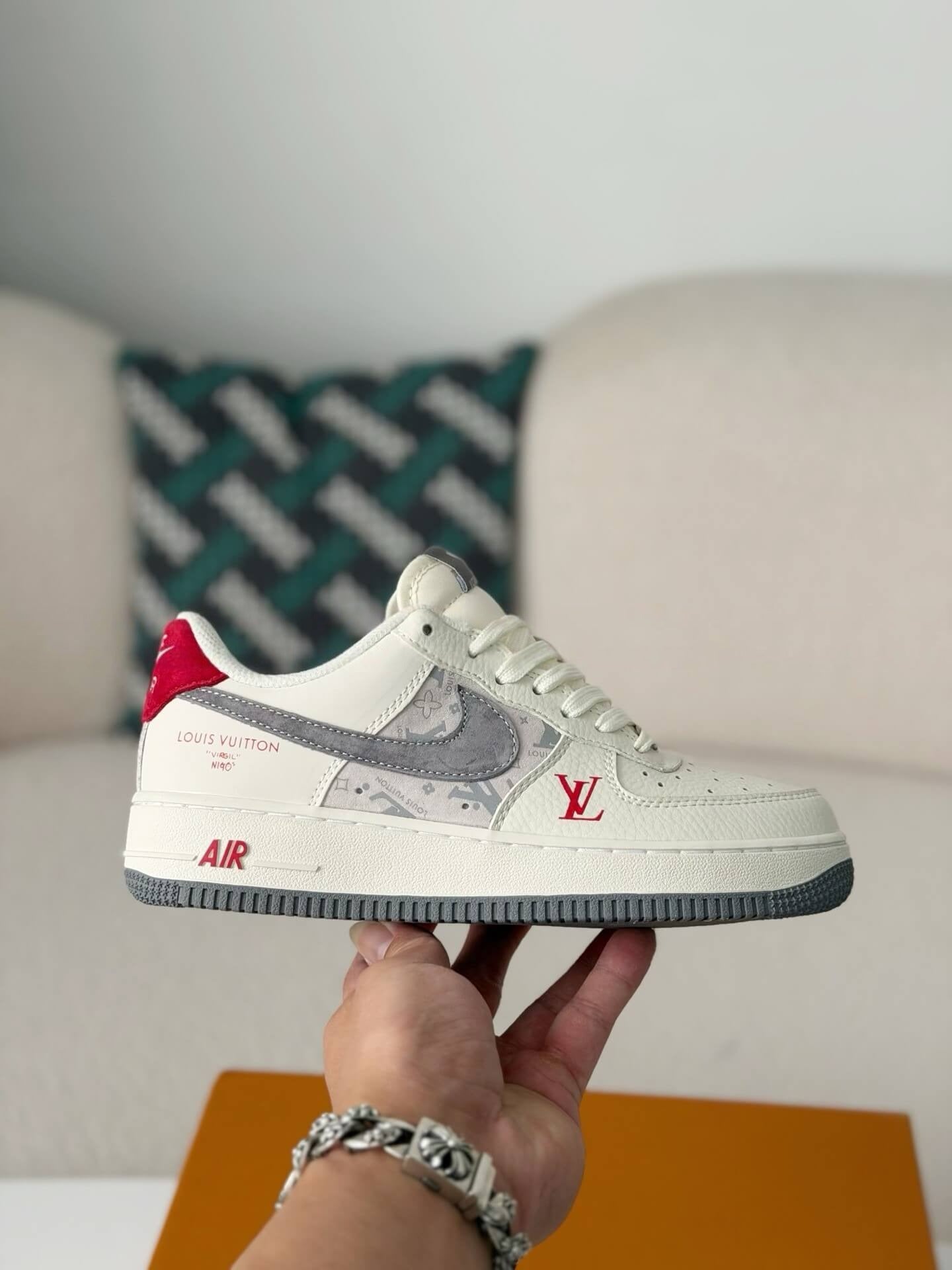 Louis Vuitton x Nike Air Force 1 Low – White, Grey Monogram & Red Accents