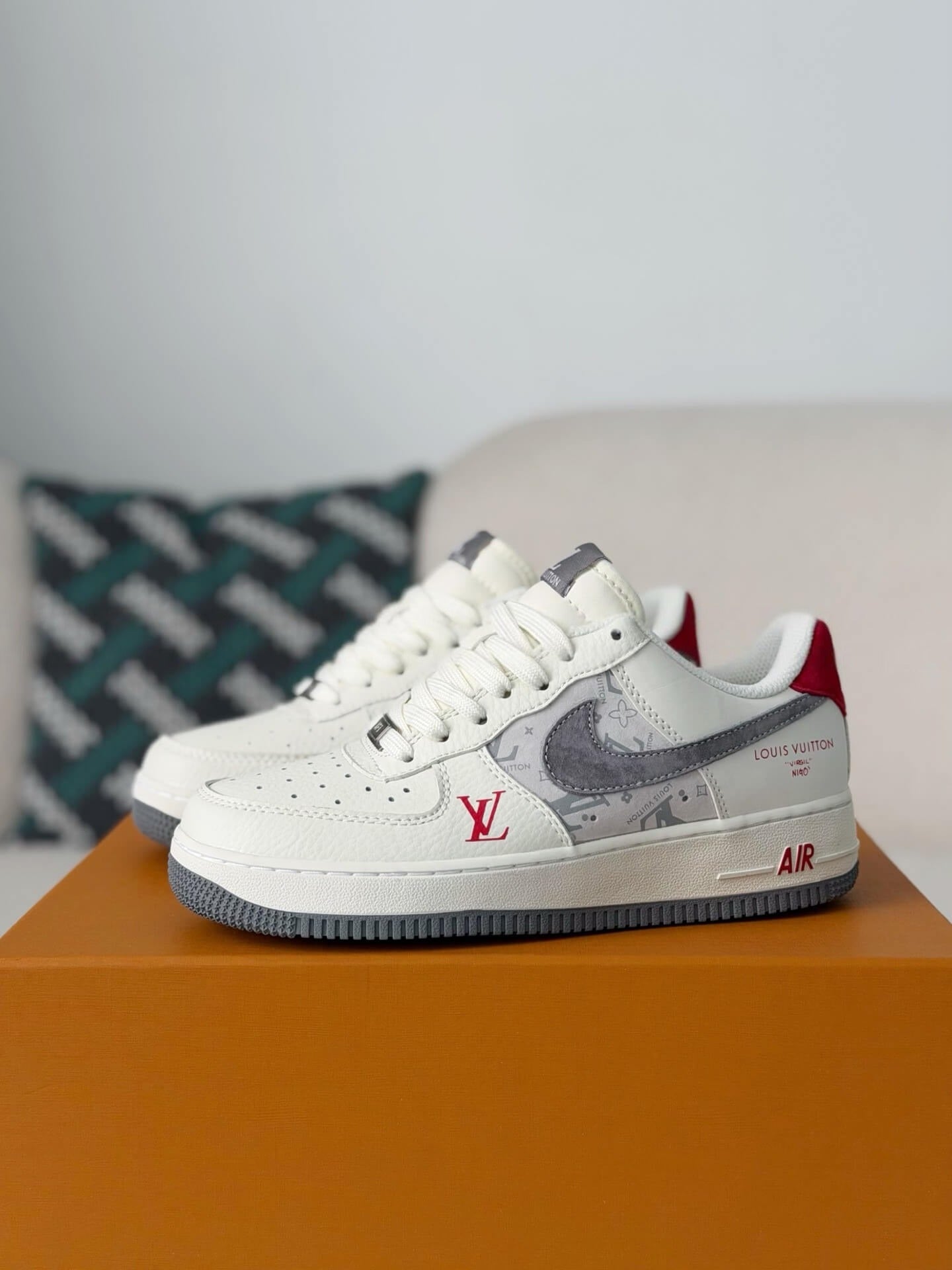 Louis Vuitton x Nike Air Force 1 Low – White, Grey Monogram & Red Accents