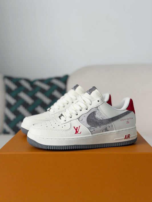 Louis Vuitton x Nike Air Force 1 Low – White, Grey Monogram & Red Accents