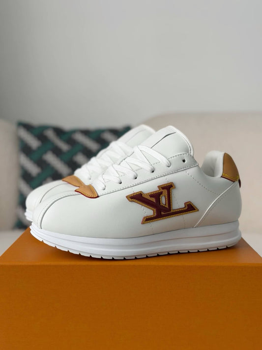 Louis Vuitton x Nike Cortez – White Leather with Burgundy & Tan LV appliqué