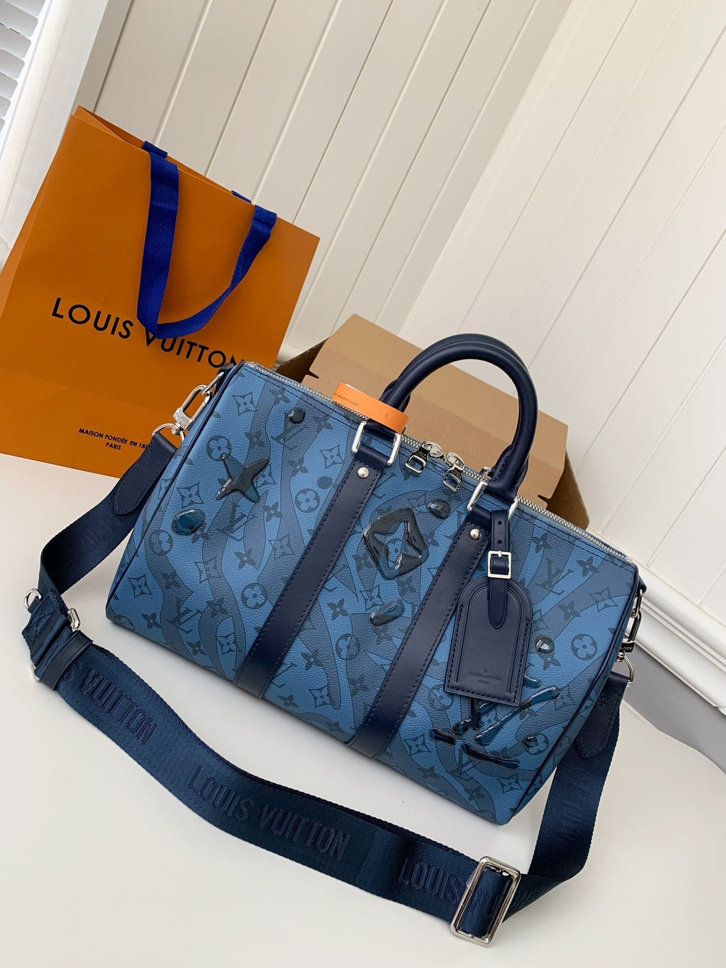 Louis Vuitton Keepall Bandoulière 25 Monogram Canvas (Blue Embellished Edition)