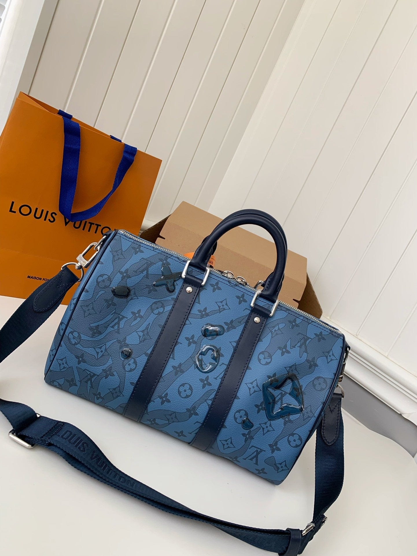 Louis Vuitton Keepall Bandoulière 25 Monogram Canvas (Blue Embellished Edition)