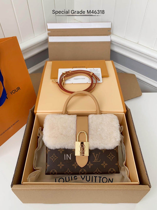 Louis Vuitton LV Locky BB Shoulder Bag in Brown Monogram Canvas and Beige Skin-out Fur