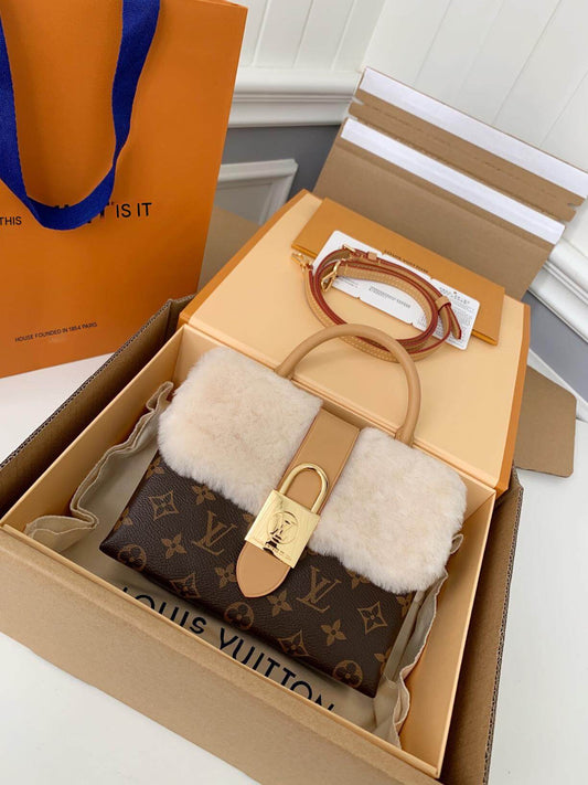 Louis Vuitton LV Locky BB Shoulder Bag in Brown Monogram Canvas and Beige Skin-out Fur