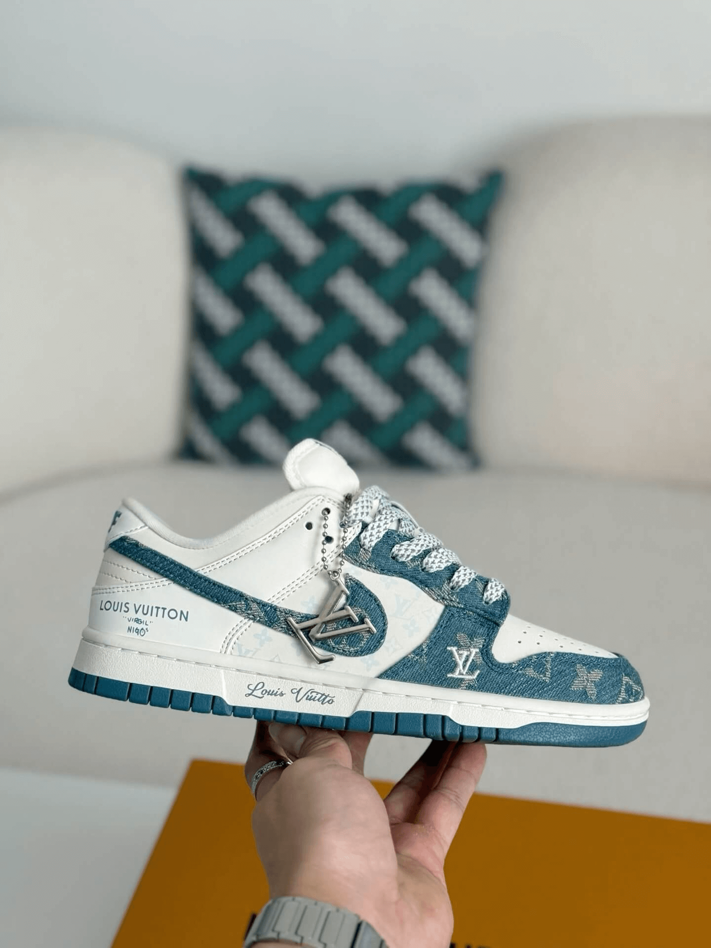 Louis Vuitton x Nike SB Dunk Low White Blue Monogram Denim