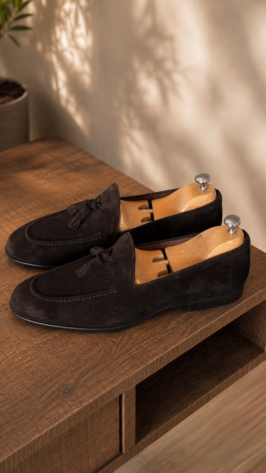 Angled side view of Lucca dark brown suede tassel loafers with slip-on silhouette