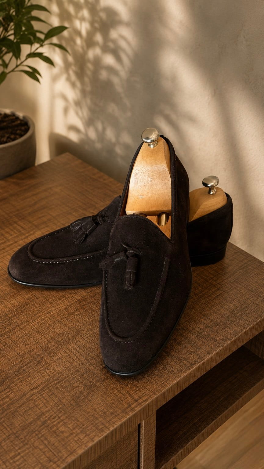 Front three-quarter view of Lucca dark brown suede tassel loafers showing apron stitching and tassels
