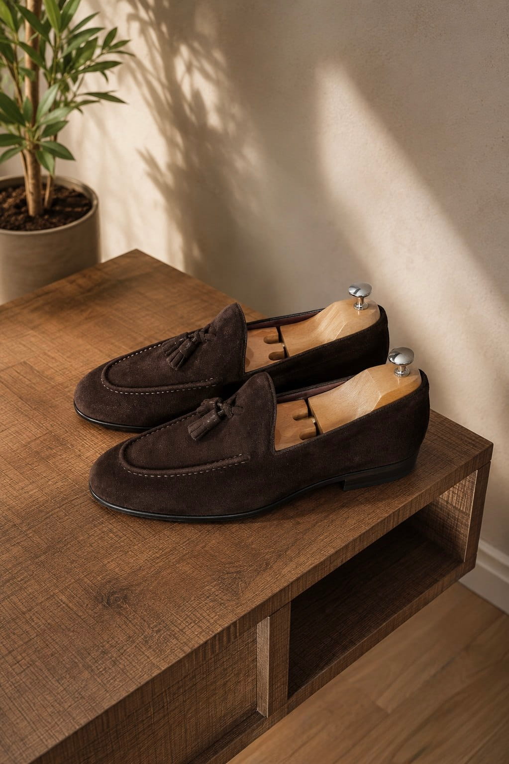 Side profile of Lucca dark brown suede tassel loafers in natural light