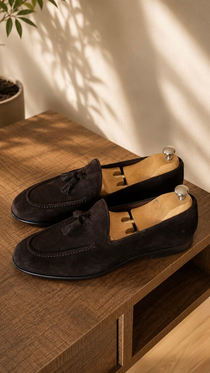  Lucca dark brown suede tassel loafers on a wooden console table with cedar shoe trees