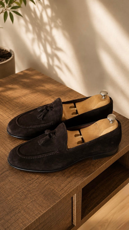  Lucca dark brown suede tassel loafers on a wooden console table with cedar shoe trees