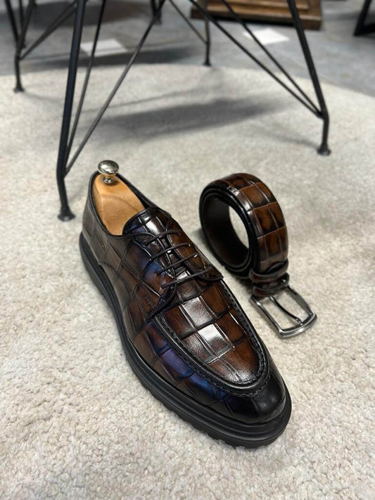 Luxurious Brown Crocodile Leather Shoe – top-down view with shoe tree and matching textured belt, highlighting distinguished style.