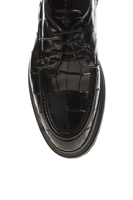 Men's Black Crocodile-Embossed Derby Chunky Shoe – top-down view, highlighting the striking crocodile texture and lace-up closure.