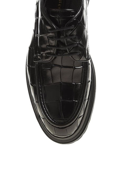 Men's Black Crocodile-Embossed Derby Chunky Shoe – top-down view, highlighting the striking crocodile texture and lace-up closure.
