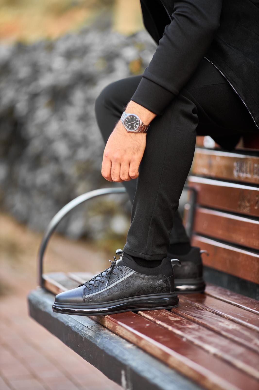 Men's Black Leather Air Sole Sneaker - Luxury Tech-Runner