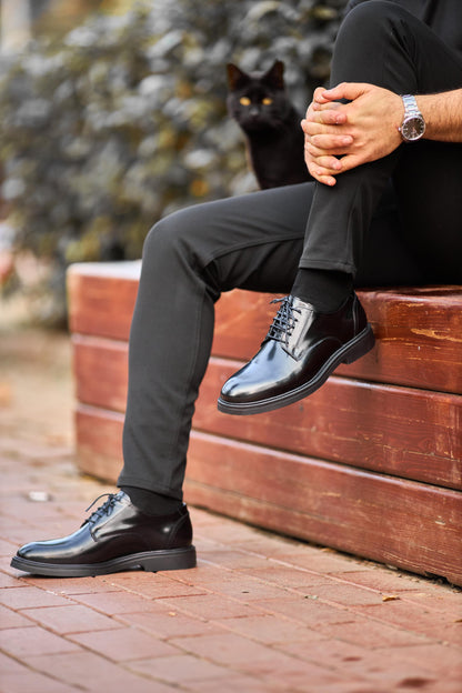 Men's Black Polished Leather Plain Toe Derby - Modern Formal Shoe