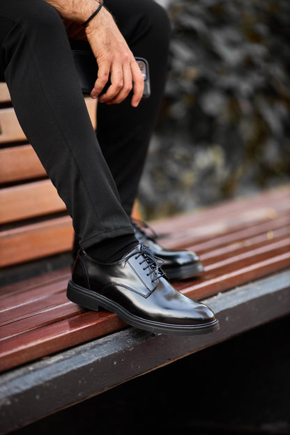 Men's Black Polished Leather Plain Toe Derby - Modern Formal Shoe