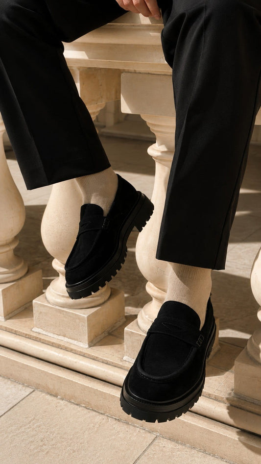 Person wearing black loafers standing on a stone staircase.