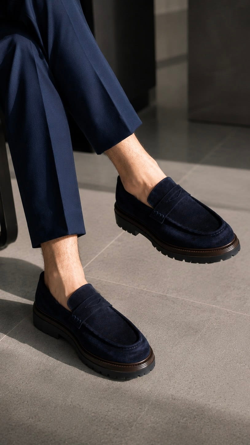 Navy loafers worn with dark pants on a neutral floor.