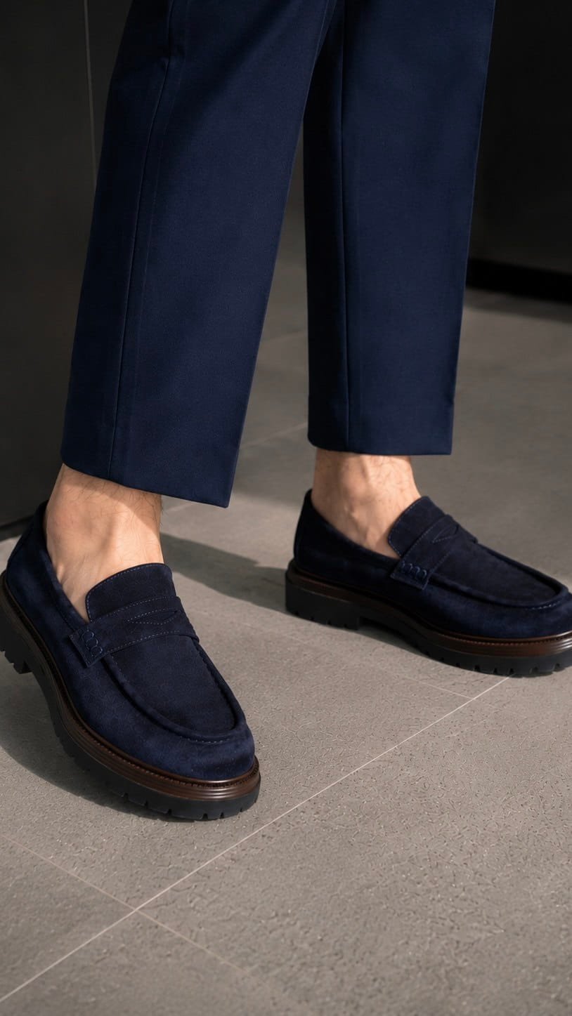 Navy loafers worn with dark blue pants on a gray floor.