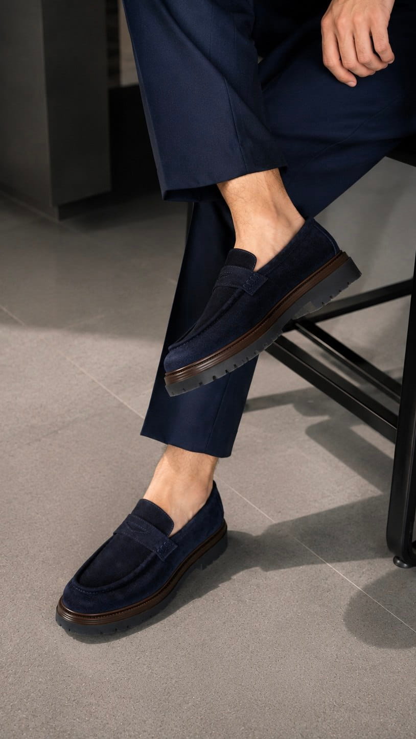 Navy loafers worn with dark pants on a gray floor.