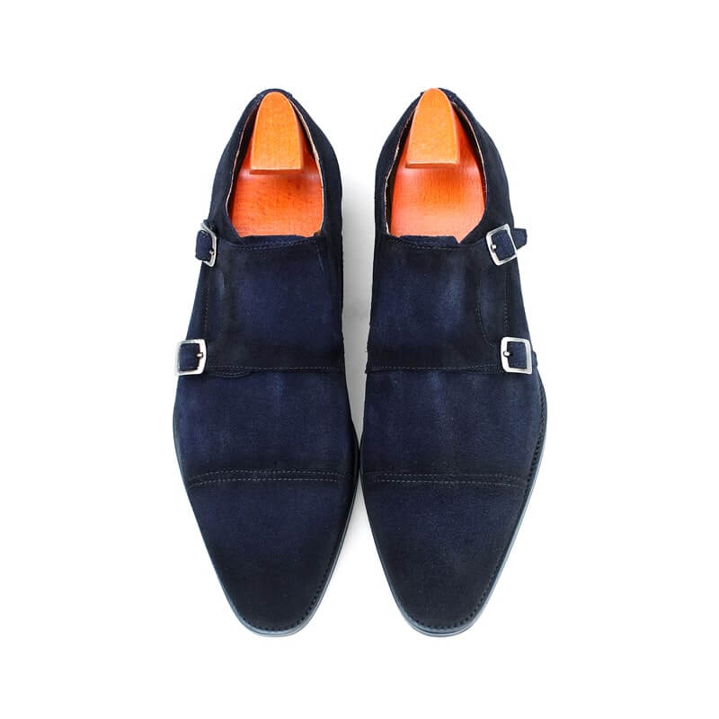 Navy Blue Suede Double Monk Strap Shoes with Silver Buckles