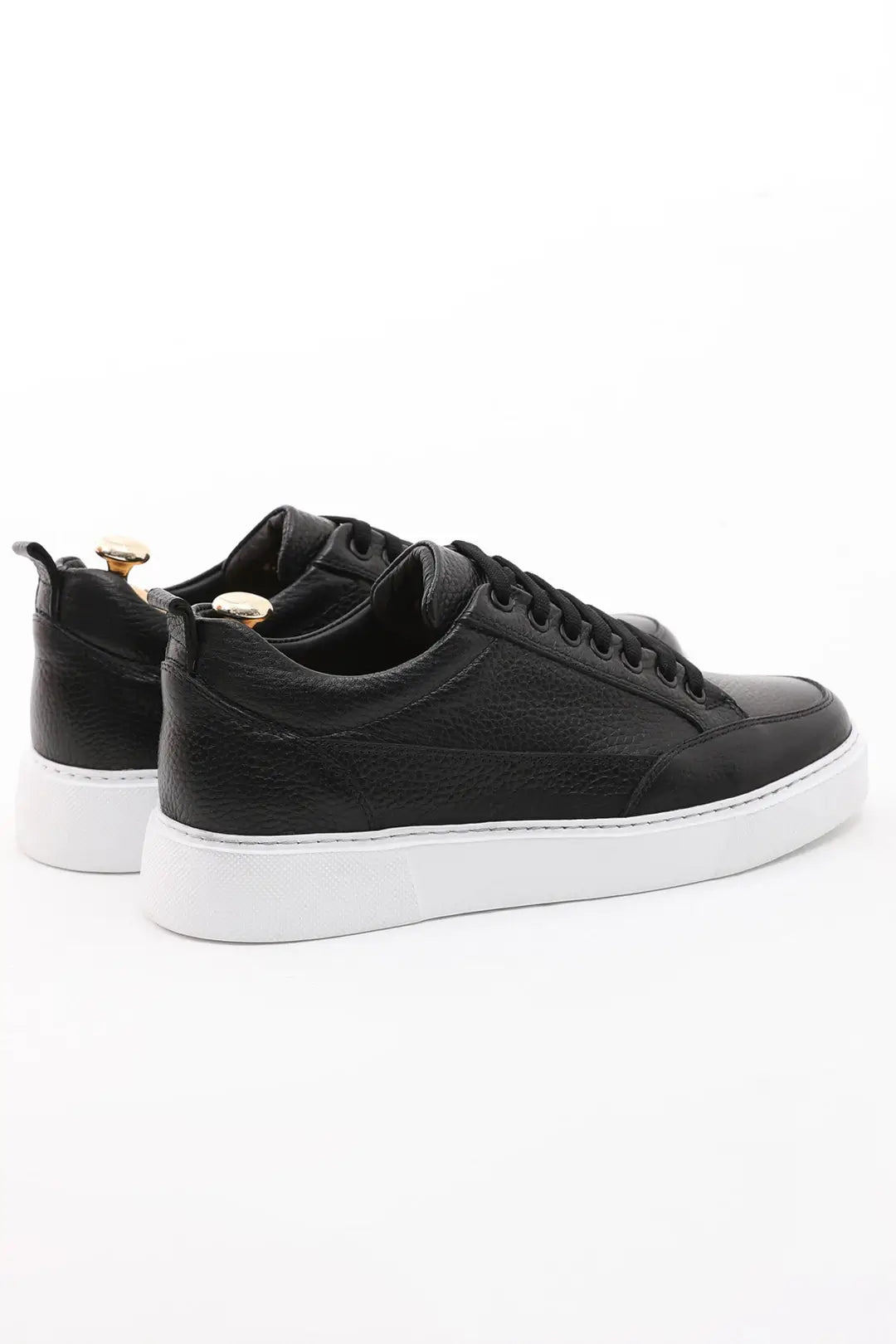 Onyx Luxe Black Leather Sneakers - Elegant Men's Footwear – side view of pair, highlighting premium black floater leather and a lightweight white EVA sole.