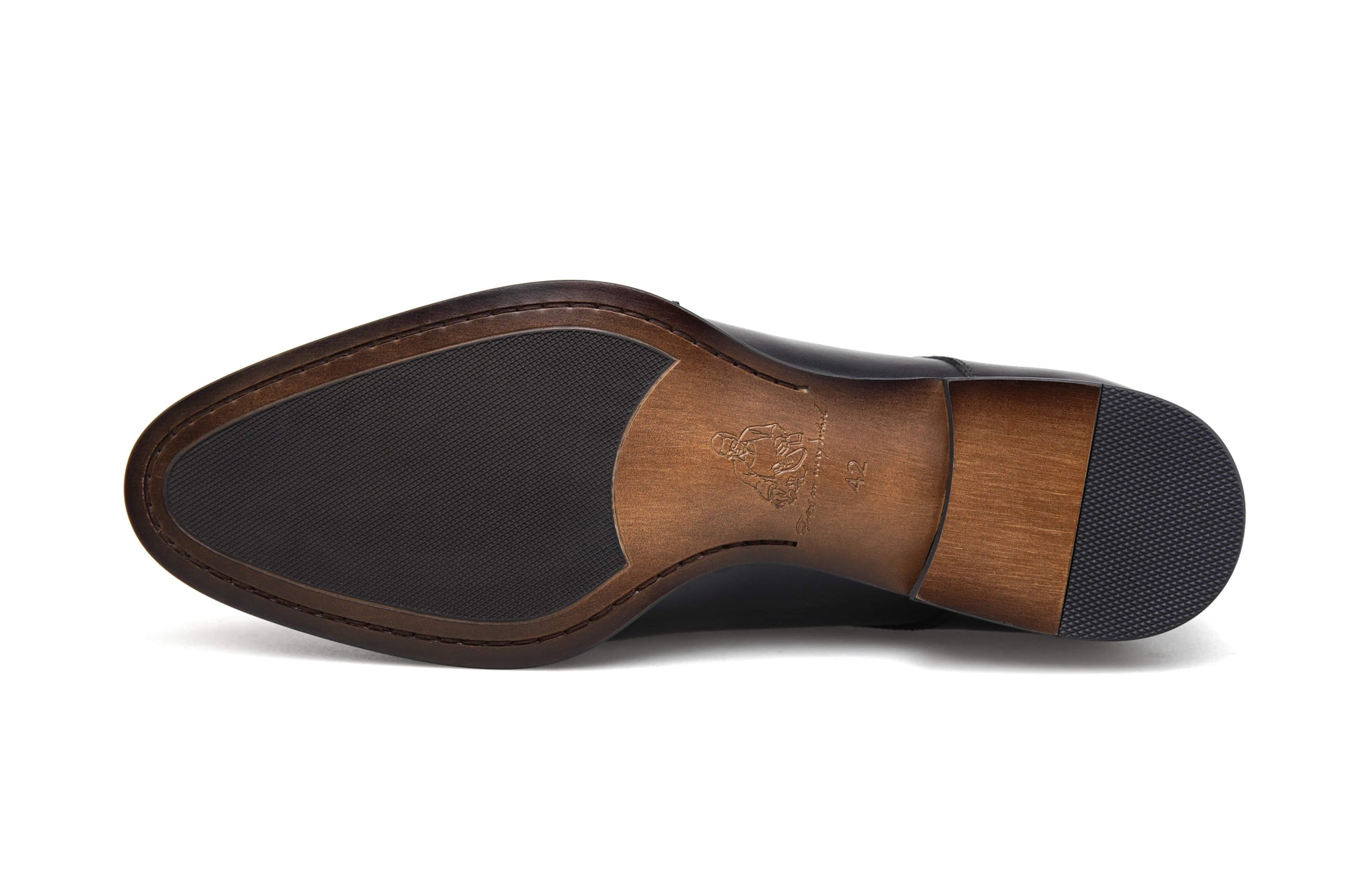 Polished Black Double Monk Strap Leather Shoe – underside view, showing the hybrid leather outsole with rubber inserts and elegant branded embossing for reliable grip.