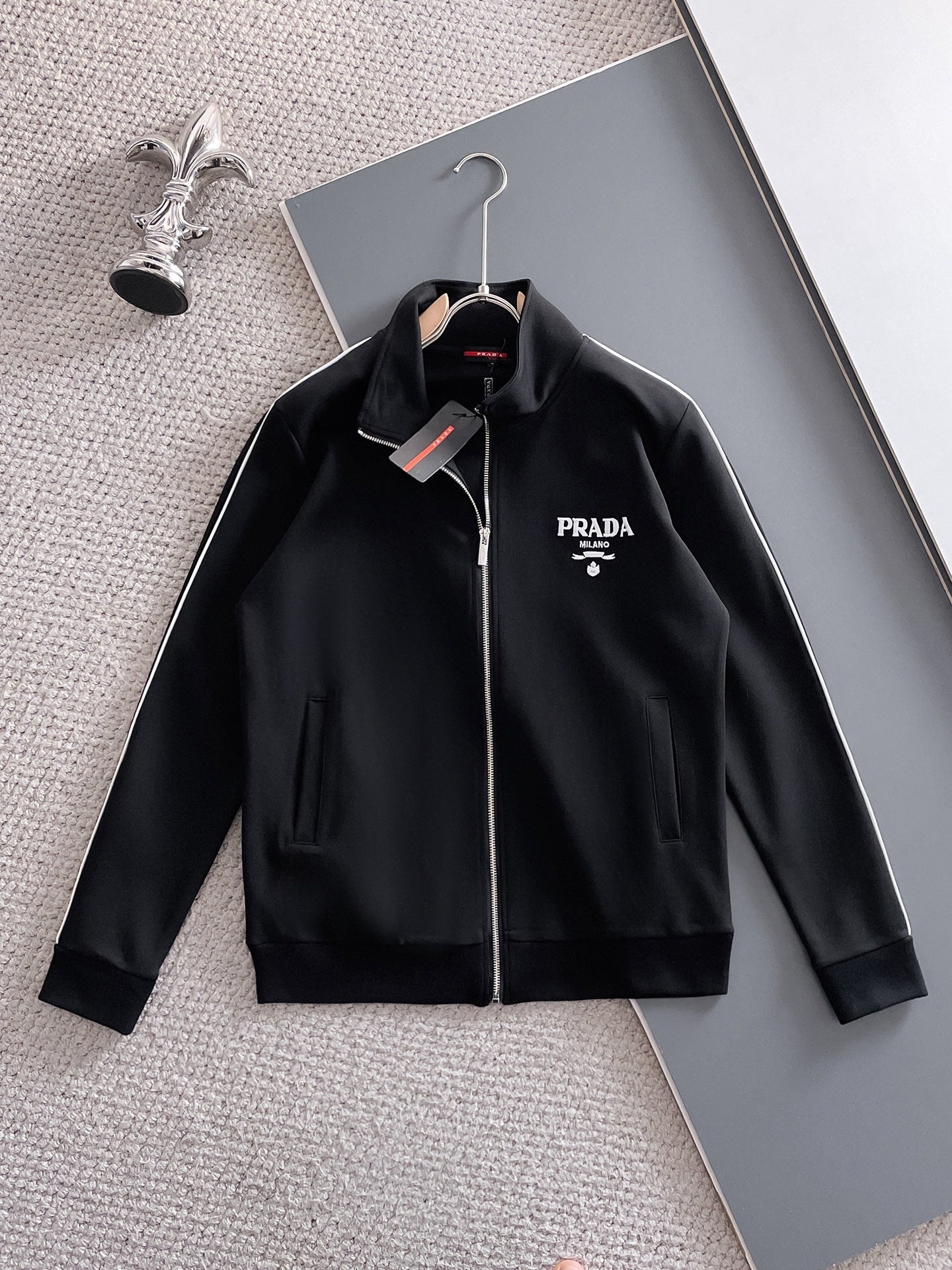Prada Milano Tracksuit Set - Black Technical Knit Piping Zip Jacket & Pants