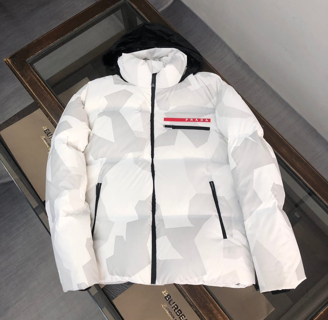 Prada Linea Rossa Alpine White Geometric Camo Hooded Down Ski Jacket