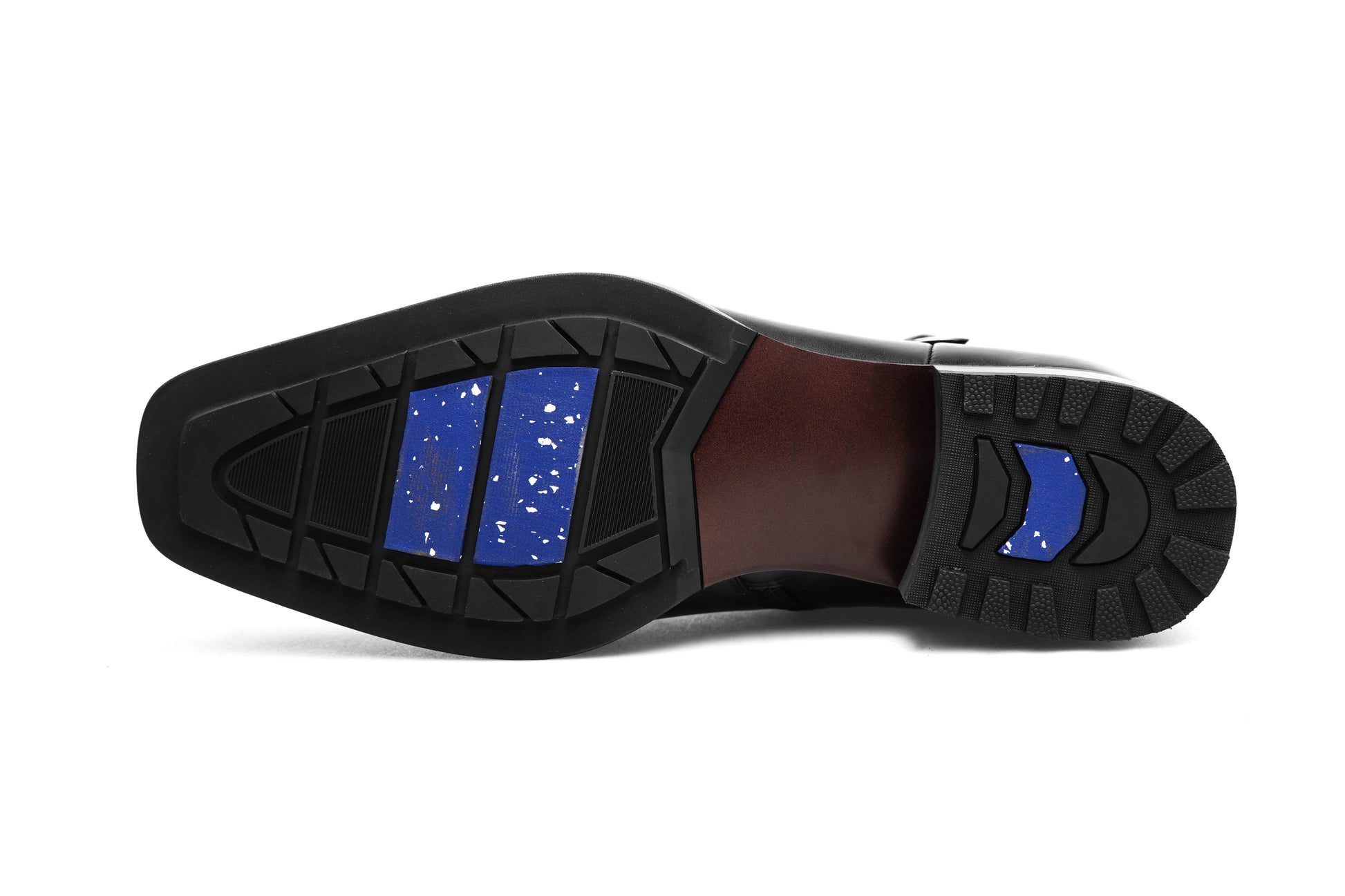Premium Black Leather Zip-Up Ankle Boots for Formal Wear – an under-sole view of a single boot, showing the durable rubber sole and speckled blue inserts.