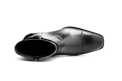 Premium Black Leather Zip-Up Ankle Boots for Formal Wear – a top-down view of the pair of black leather boots, showcasing the cap toe detail.