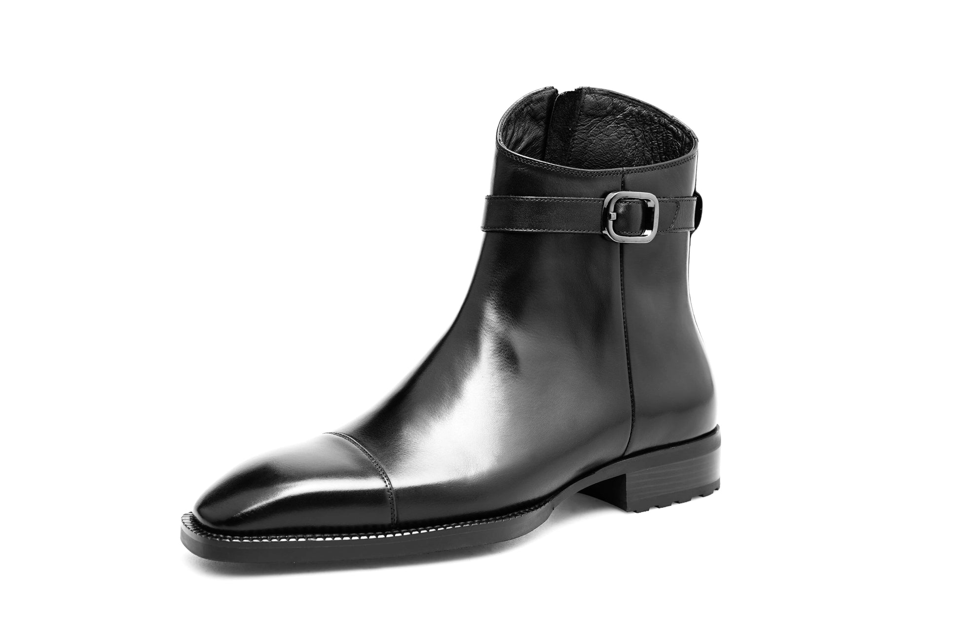 Premium Black Leather Zip-Up Ankle Boots for Formal Wear – a front view of the pair of polished black leather boots on a gray textured background.