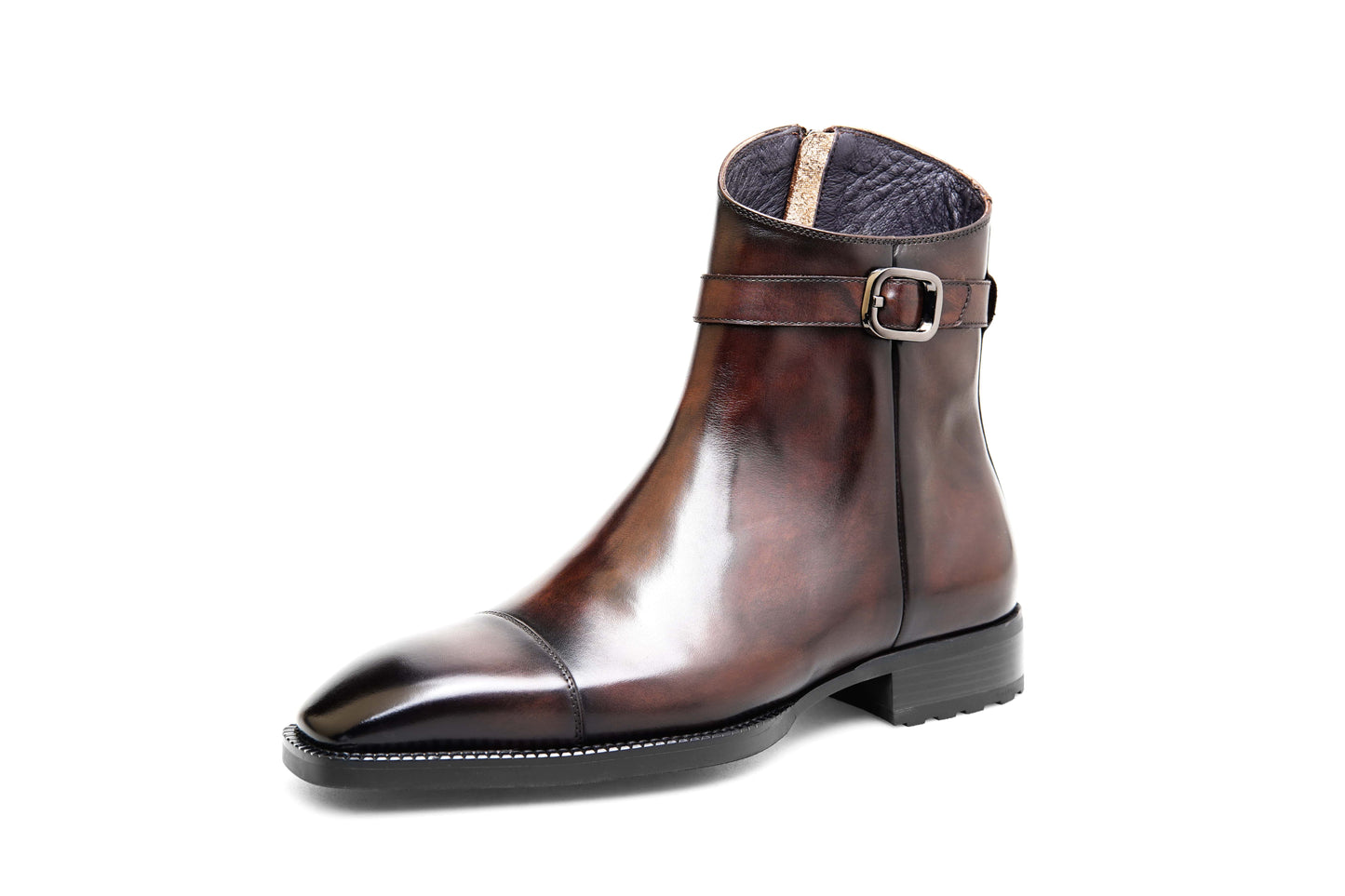 Premium Brown Leather Ankle Boots for Urban Adventures – a side view of a single brown leather boot on a white background, showcasing the side zip and buckle.