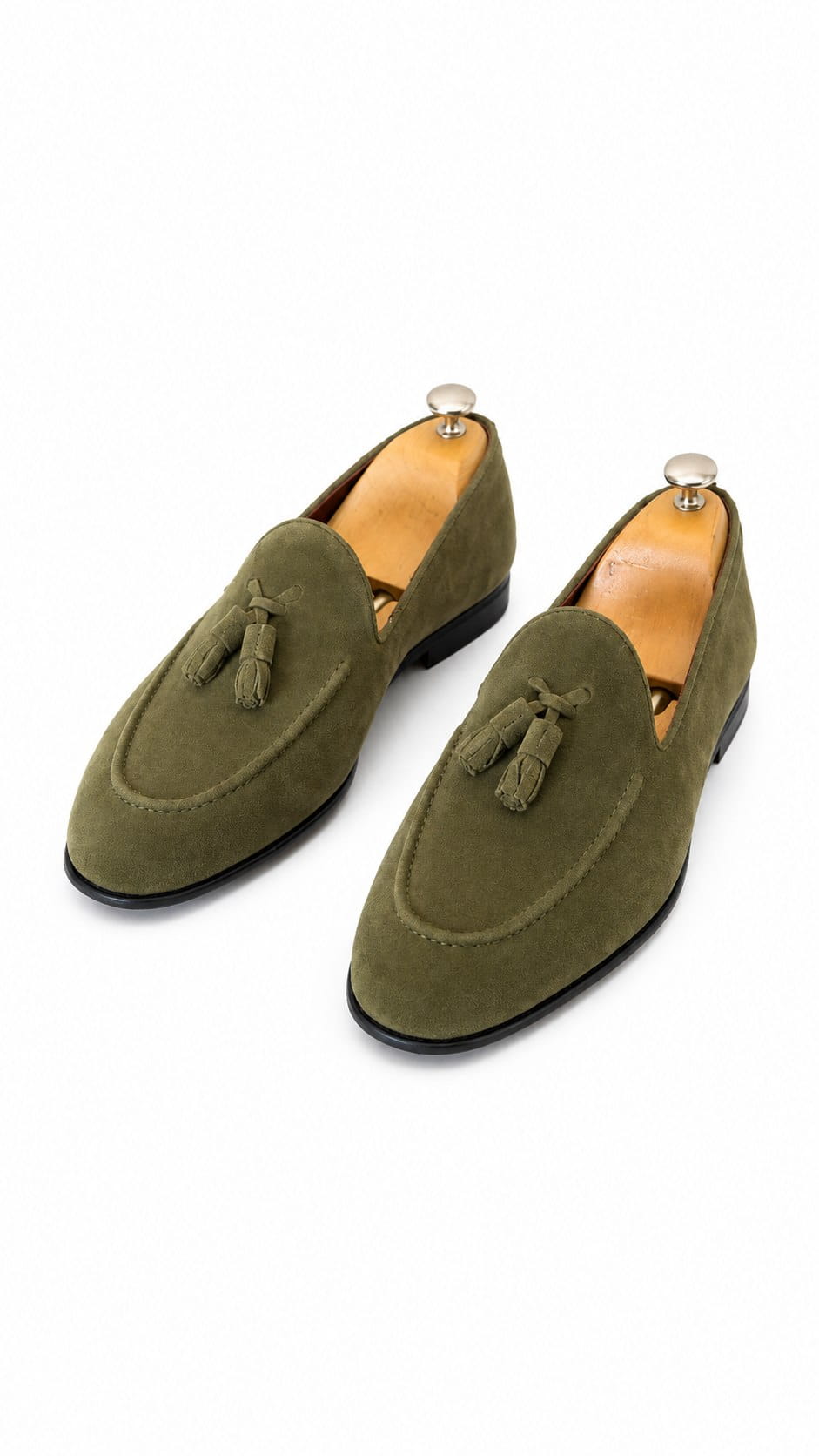 Top view of Ravello khaki suede tassel loafers showing apron stitching and tassels