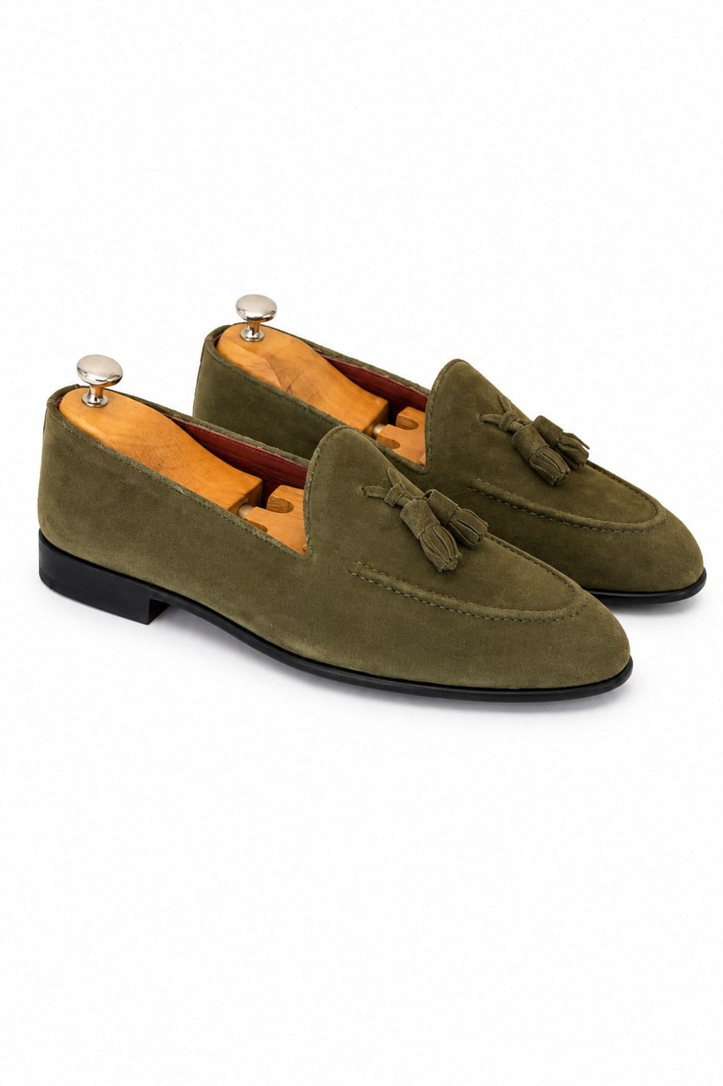 Side profile of Ravello khaki suede tassel loafers with tassel detail