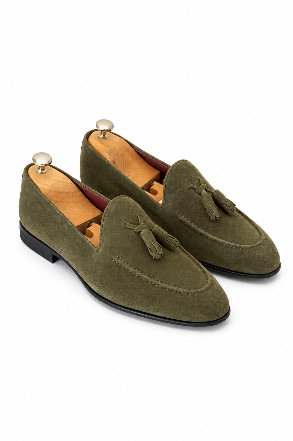 Ravello khaki suede tassel loafers angled front view with cedar shoe trees