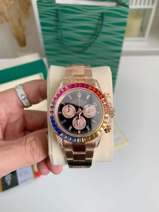 Rolex Cosmograph Daytona “Rainbow” Ref. 116595RBOW – 18ct Everose Gold, Baguette Sapphire Bezel