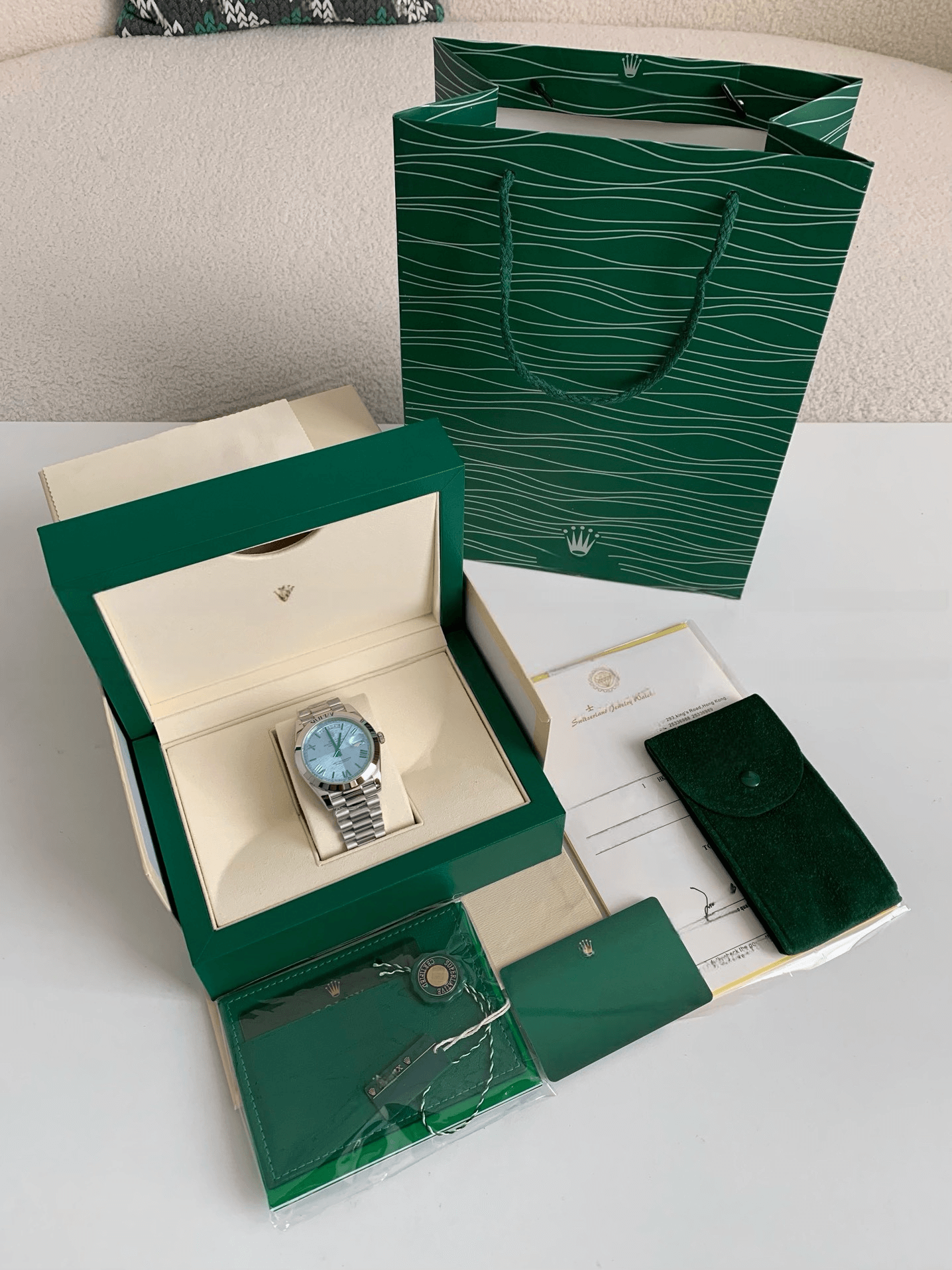 Rolex Day-Date 40 Ref. 228206 – 950 Platinum, Ice Blue Diagonal Motif Dial