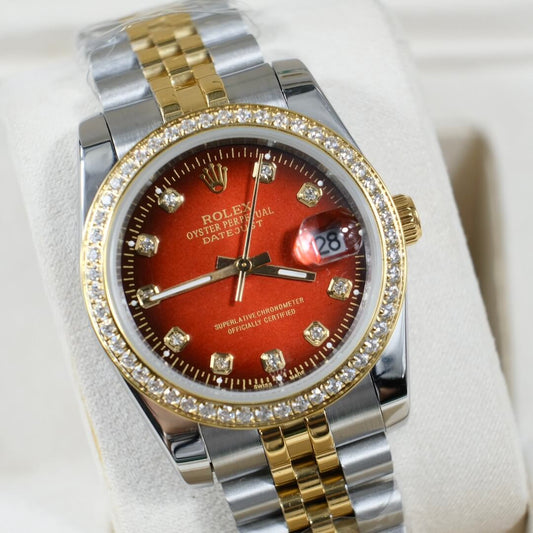 Rolex Datejust 36 zweifarbig mit rotem Diamantzifferblatt und Jubilee-Armband.