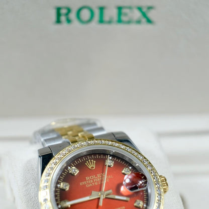 Rolex Datejust 36 Two-Tone with Red Diamond Dial and Jubilee Bracelet.