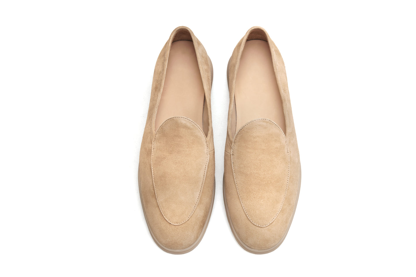 Capri tan suede Venetian loafers on white background, heel and sole view
