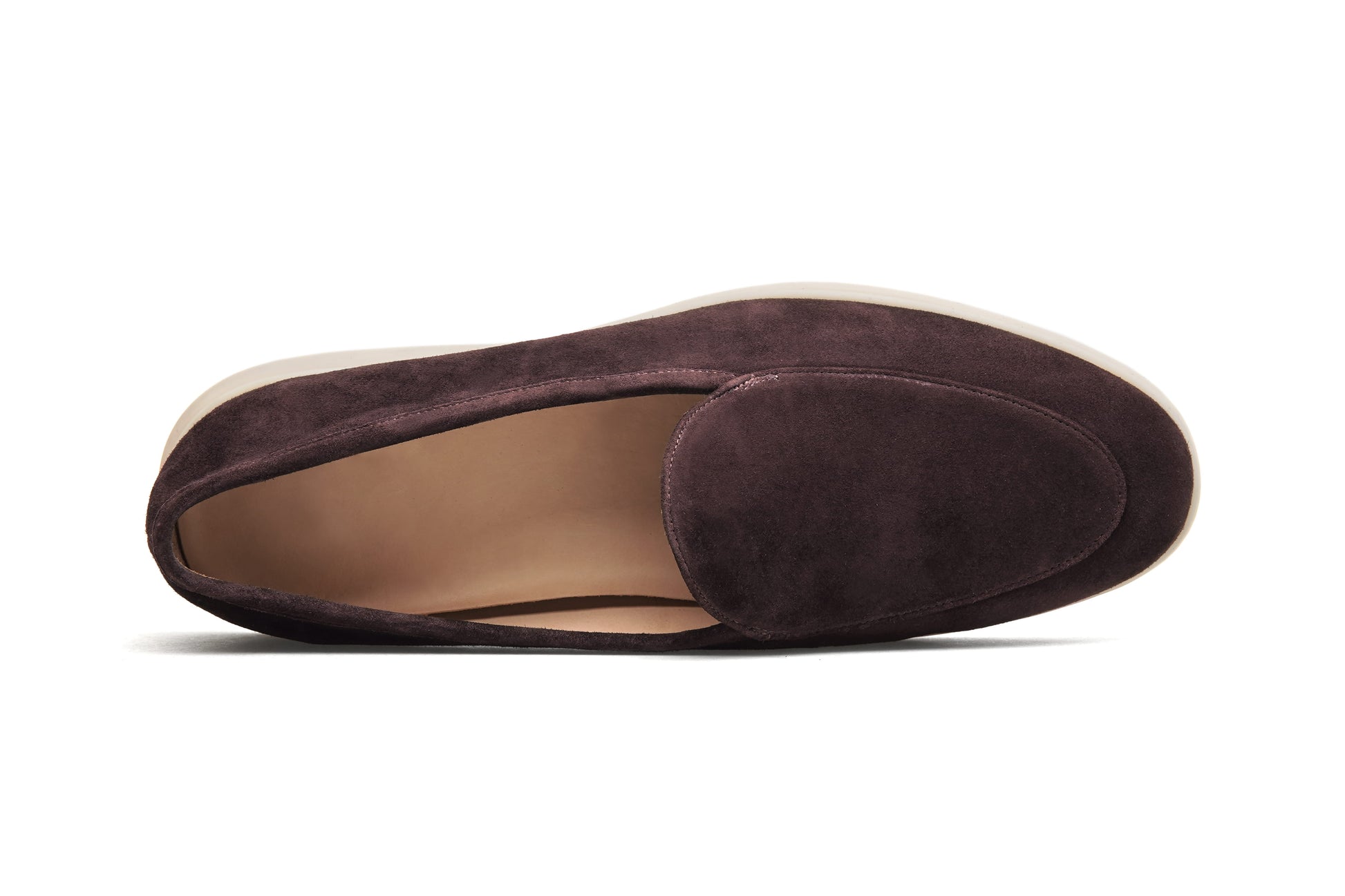 Single coffee-brown suede Venetian loafer on white background, side profile