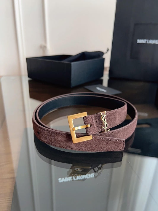 Saint Laurent Women's Cassandre Thin Belt in Dark Brown Suede